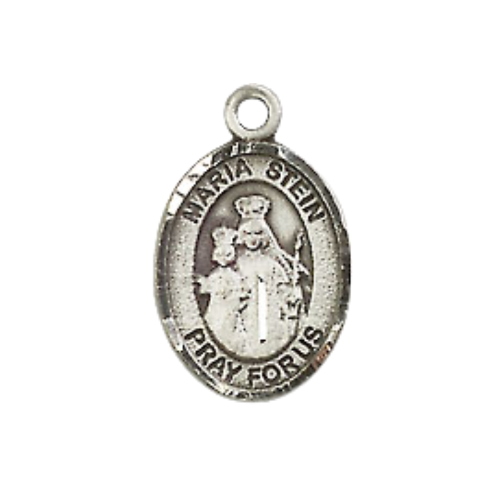 Small Sized Women's Pewter Maria Stein Medal Pendant on 18 Inch Rhodium Plated Lite Curb Brass Chain with Lobster Claw Clasp, Catholic Religious Necklace - Made in USA- Velvet Gift Box