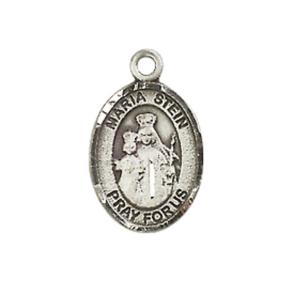 Small Sized Women's Pewter Maria Stein Medal Pendant on 18 Inch Rhodium Plated Lite Curb Brass Chain with Lobster Claw Clasp, Catholic Religious Necklace - Made in USA- Velvet Gift Box