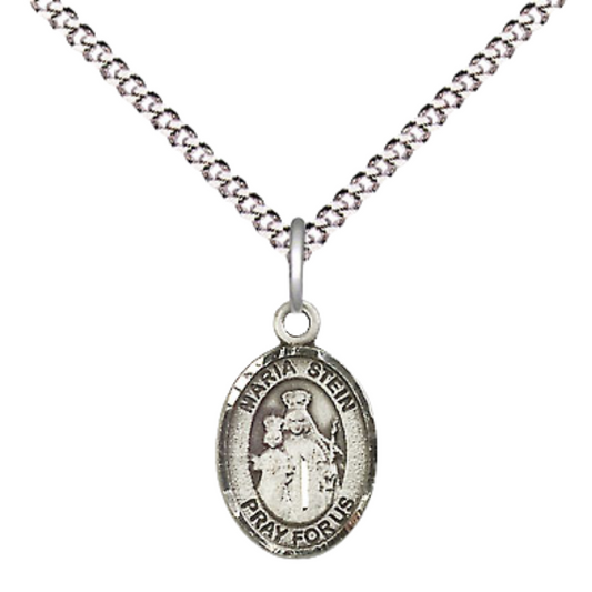 Small Sized Women's Pewter Maria Stein Medal Pendant on 18 Inch Rhodium Plated Lite Curb Brass Chain with Lobster Claw Clasp, Catholic Religious Necklace - Made in USA- Velvet Gift Box