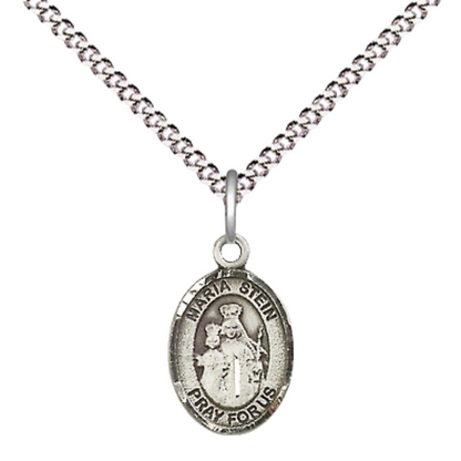 Small Sized Women's .925 Sterling Silver Maria Stein Medal Pendant on 18 Inch Rhodium Plated Lite Curb Brass Chain with Lobster Claw Clasp, Catholic Religious Necklace - Made in USA- Velvet Gift Box