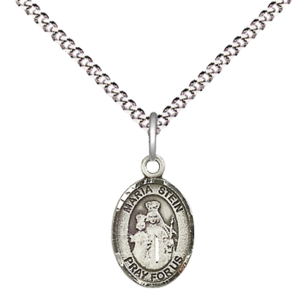 Small Sized Women's .925 Sterling Silver Maria Stein Medal Pendant on 18 Inch Rhodium Plated Lite Curb Brass Chain with Lobster Claw Clasp, Catholic Religious Necklace - Made in USA- Velvet Gift Box