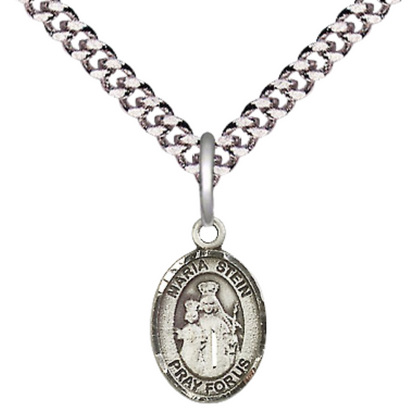 Small Sized Men's .925 Sterling Silver Maria Stein Medal Pendant on 24 Inch Endless Rhodium Plated Heavy Curb Brass Chain, Catholic Religious Necklace - Made in USA- Deluxe Velvet Gift Box