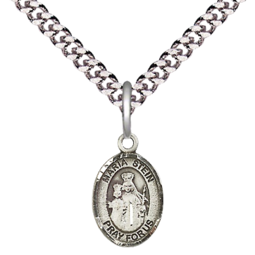 Everlasting Light Jewelry Small Sized Men's Pewter Maria Stein Medal Pendant on 24 Inch Endless Rhodium Plated Heavy Curb Brass Chain, Catholic Religious Necklace - Made in USA- Deluxe Velvet Gift Box