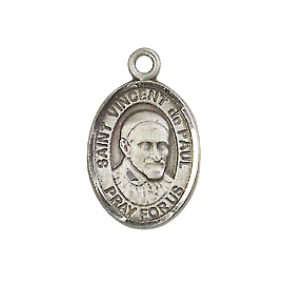 Small Sized Women's Pewter Saint Vincent de Paul Medal Pendant on 18 Inch Rhodium Plated Lite Curb Brass Chain with Lobster Claw Clasp, Catholic Religious Necklace - Made in USA- Velvet Gift Box