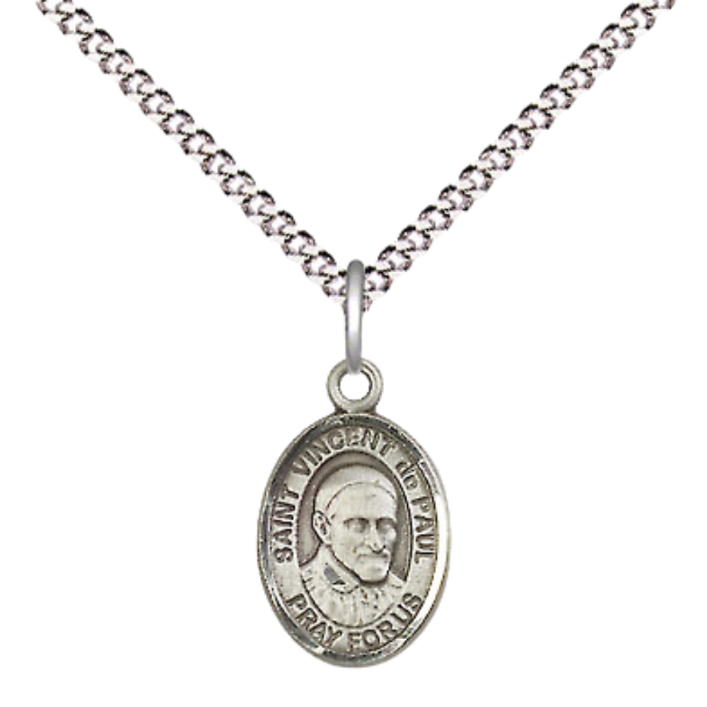 Small Sized Women's Pewter Saint Vincent de Paul Medal Pendant on 18 Inch Rhodium Plated Lite Curb Brass Chain with Lobster Claw Clasp, Catholic Religious Necklace - Made in USA- Velvet Gift Box