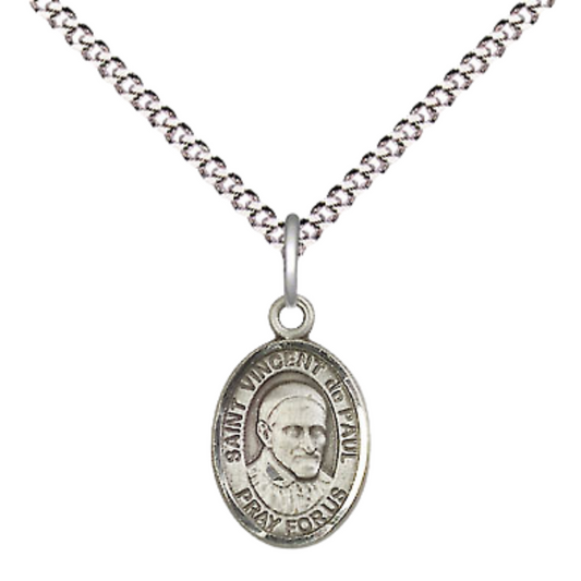 Small Sized Women's Pewter Saint Vincent de Paul Medal Pendant on 18 Inch Rhodium Plated Lite Curb Brass Chain with Lobster Claw Clasp, Catholic Religious Necklace - Made in USA- Velvet Gift Box