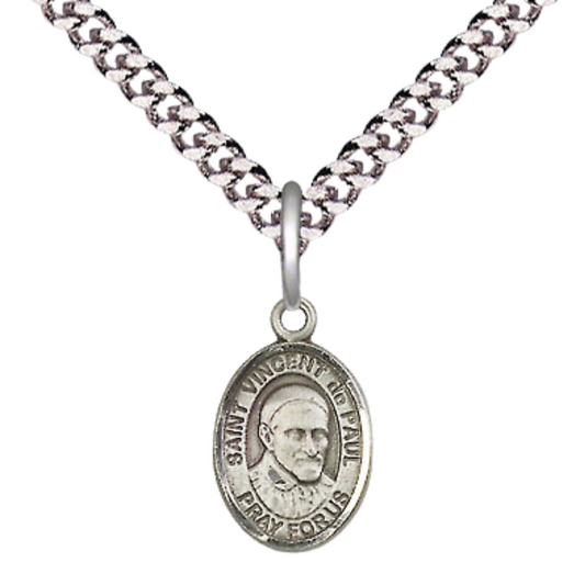 Small Sized Men's .925 Sterling Silver Saint St. Vincent de Paul Medal Pendant on 24 Inch Endless Rhodium Plated Heavy Curb Brass Chain, Catholic Religious Necklace - Made in USA- Deluxe Velvet Gift Box