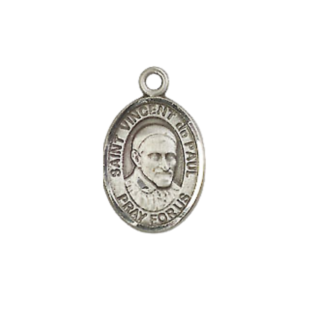 Small Sized Men's Pewter Saint St. Vincent de Paul Medal Pendant on 24 Inch Endless Rhodium Plated Heavy Curb Brass Chain, Catholic Religious Necklace - Made in USA- Deluxe Velvet Gift Box