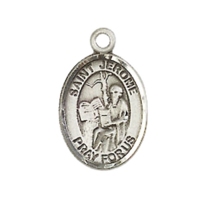 Small Sized Women's .925 Sterling Silver Saint Jerome Medal Pendant on 18 Inch Rhodium Plated Lite Curb Brass Chain with Lobster Claw Clasp, Catholic Religious Necklace - Made in USA- Velvet Gift Box