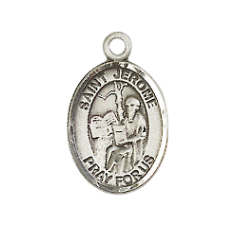Small Sized Women's Pewter Saint St. Jerome Medal Pendant on 18 Inch Rhodium Plated Lite Curb Brass Chain with Lobster Claw Clasp, Catholic Religious Necklace - Made in USA- Velvet Gift Box
