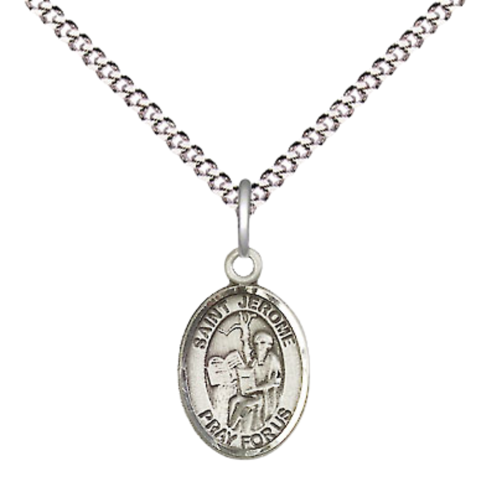 Small Sized Women's Pewter Saint St. Jerome Medal Pendant on 18 Inch Rhodium Plated Lite Curb Brass Chain with Lobster Claw Clasp, Catholic Religious Necklace - Made in USA- Velvet Gift Box