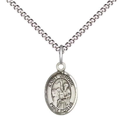 Small Sized Women's .925 Sterling Silver Saint Jerome Medal Pendant on 18 Inch Rhodium Plated Lite Curb Brass Chain with Lobster Claw Clasp, Catholic Religious Necklace - Made in USA- Velvet Gift Box