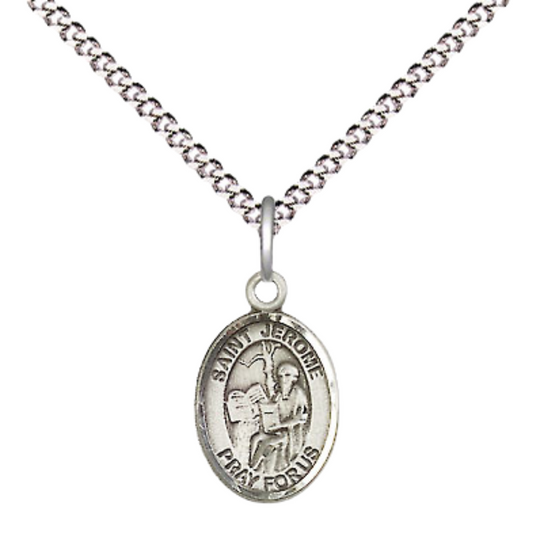 Small Sized Women's .925 Sterling Silver Saint Jerome Medal Pendant on 18 Inch Rhodium Plated Lite Curb Brass Chain with Lobster Claw Clasp, Catholic Religious Necklace - Made in USA- Velvet Gift Box