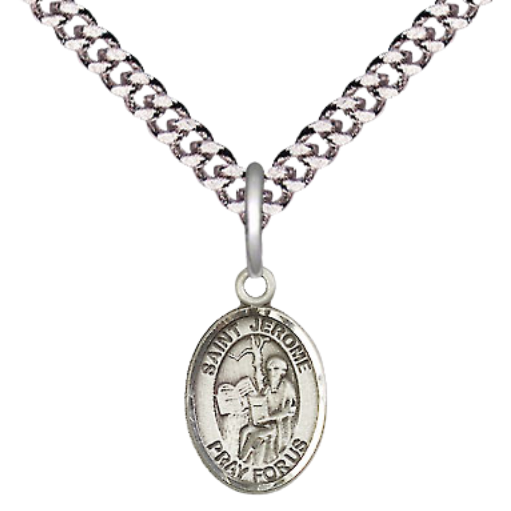 Small Sized Men's Pewter Saint St. Jerome Medal Pendant on 24 Inch Endless Rhodium Plated Heavy Curb Brass Chain, Catholic Religious Necklace - Made in USA- Deluxe Velvet Gift Box