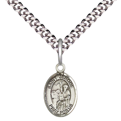 Small Sized Men's Pewter Saint St. Jerome Medal Pendant on 24 Inch Endless Rhodium Plated Heavy Curb Brass Chain, Catholic Religious Necklace - Made in USA- Deluxe Velvet Gift Box