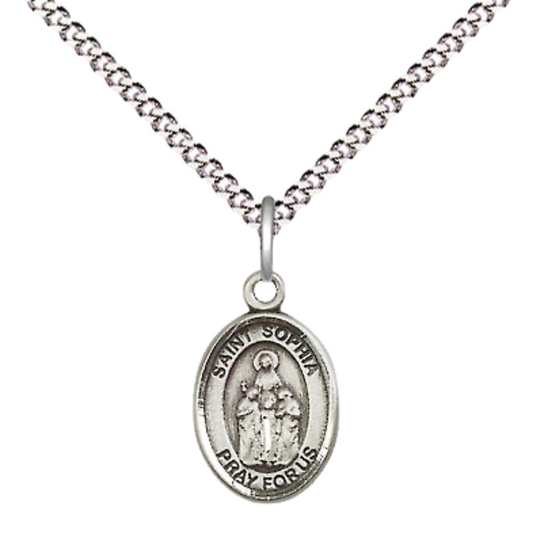 Small Sized Women's Pewter Saint St. Sophia Medal Pendant on 18 Inch Rhodium Plated Lite Curb Brass Chain with Lobster Claw Clasp, Catholic Religious Necklace - Made in USA- Velvet Gift Box