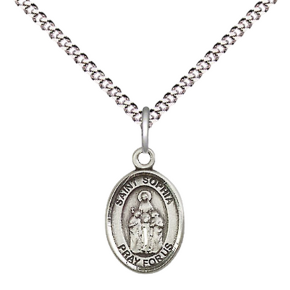 Small Sized Women's .925 Sterling Silver Saint St. Sophia Medal Pendant on 18 Inch Rhodium Plated Lite Curb Brass Chain with Lobster Claw Clasp, Catholic Religious Necklace - Made in USA- Velvet Gift Box