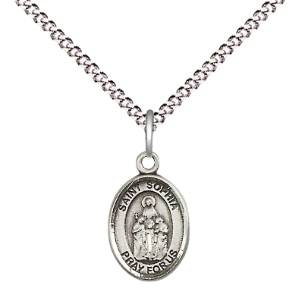 Small Sized Women's Pewter Saint St. Sophia Medal Pendant on 18 Inch Rhodium Plated Lite Curb Brass Chain with Lobster Claw Clasp, Catholic Religious Necklace - Made in USA- Velvet Gift Box