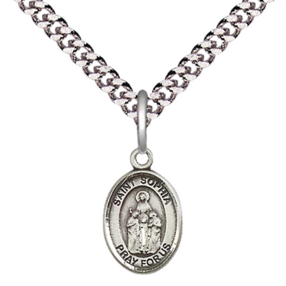 Small Sized Men's Pewter Saint St. Sophia Medal Pendant on 24 Inch Endless Rhodium Plated Heavy Curb Brass Chain, Catholic Religious Necklace - Made in USA- Deluxe Velvet Gift Box