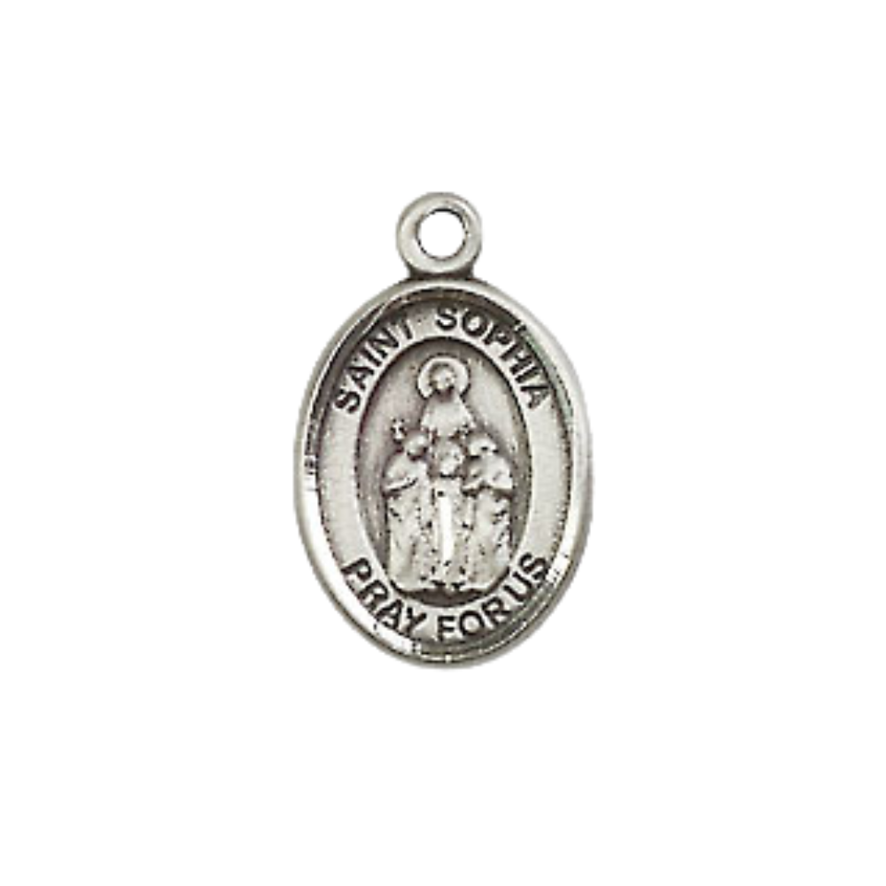 Small Sized Men's Pewter Saint St. Sophia Medal Pendant on 24 Inch Endless Rhodium Plated Heavy Curb Brass Chain, Catholic Religious Necklace - Made in USA- Deluxe Velvet Gift Box