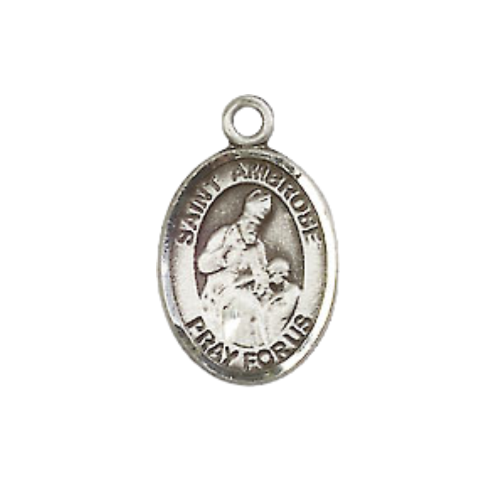 Small Sized Women's Pewter Saint St. Ambrose Medal Pendant on 18 Inch Rhodium Plated Lite Curb Brass Chain with Lobster Claw Clasp, Catholic Religious Necklace - Made in USA- Velvet Gift Box