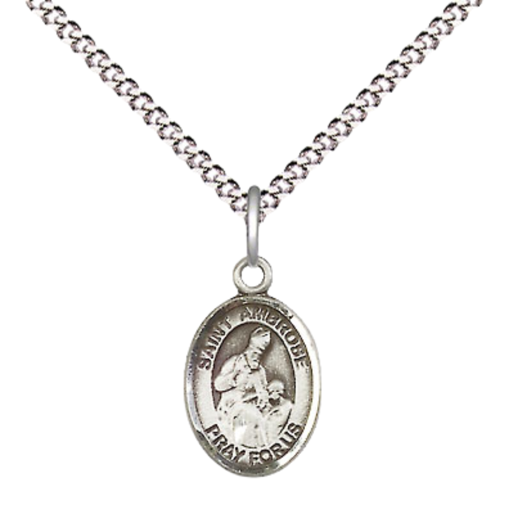 Small Sized Women's .925 Sterling Silver Saint St. Ambrose Medal Pendant on 18 Inch Rhodium Plated Lite Curb Brass Chain with Lobster Claw Clasp, Catholic Religious Necklace - Made in USA- Velvet Gift Box