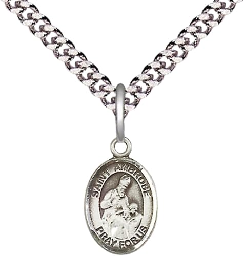 Small Sized Men's Pewter Saint St. Ambrose Medal Pendant on 24 Inch Endless Rhodium Plated Heavy Curb Brass Chain, Catholic Religious Necklace - Made in USA- Deluxe Velvet Gift Box