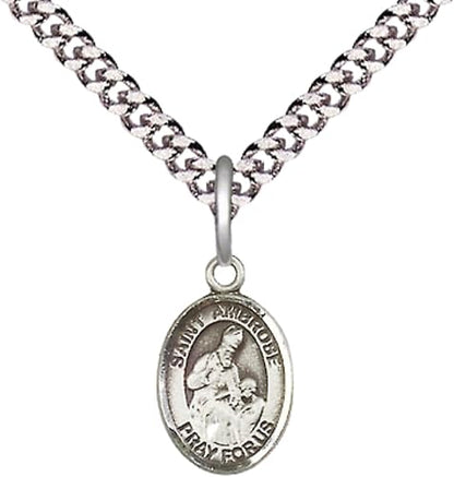 Small Sized Men's Pewter Saint St. Ambrose Medal Pendant on 24 Inch Endless Rhodium Plated Heavy Curb Brass Chain, Catholic Religious Necklace - Made in USA- Deluxe Velvet Gift Box