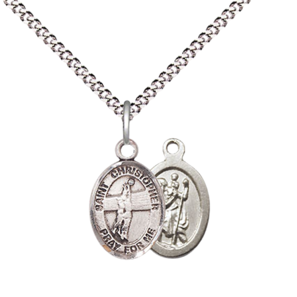 Small Sized Women's Pewter Saint St. Christopher Volleyball Medal Pendant on 18 Inch Rhodium Plated Lite Curb Brass Chain with Lobster Claw Clasp, Catholic Religious Necklace - Made in USA- Velvet Gift Box