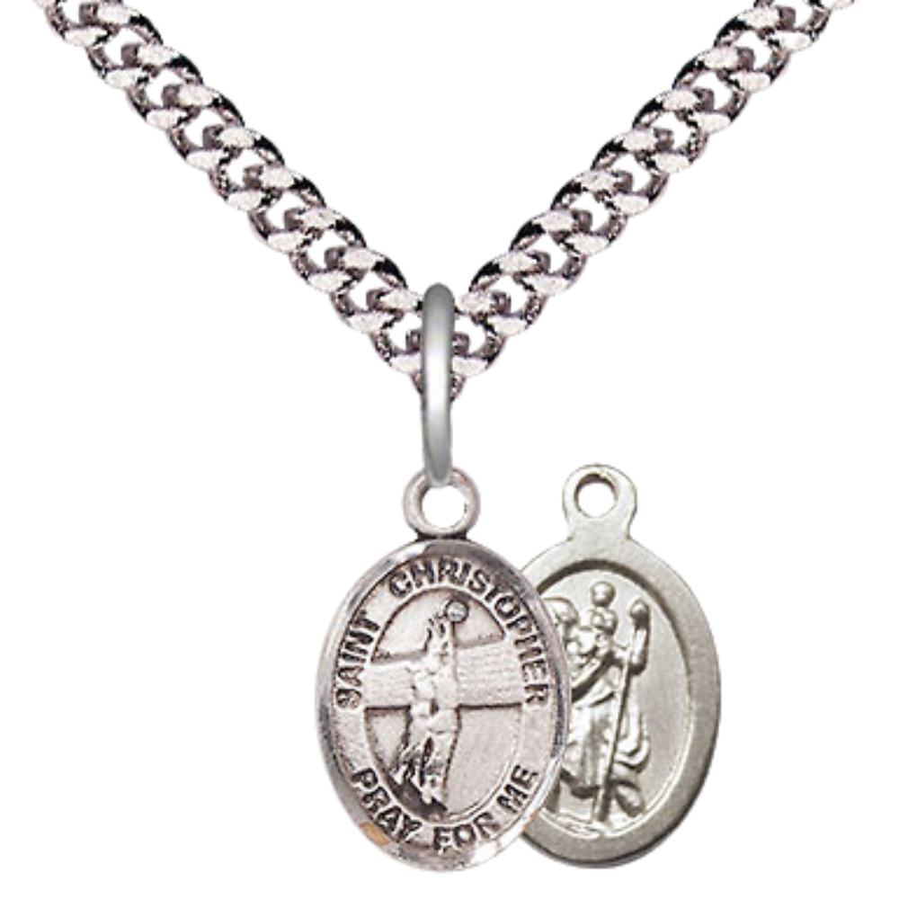 Small Sized Men's Pewter Saint St. Christopher Volleyball Medal Pendant on 24 Inch Endless Rhodium Plated Heavy Curb Brass Chain, Catholic Religious Necklace - Made in USA- Deluxe Velvet Gift Box