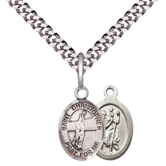 Small Sized Men's Pewter Saint St. Christopher Volleyball Medal Pendant on 24 Inch Endless Rhodium Plated Heavy Curb Brass Chain, Catholic Religious Necklace - Made in USA- Deluxe Velvet Gift Box