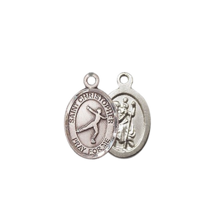 Small Sized Women's .925 Sterling Silver Saint St. Christopher Figure Skating Medal Pendant on 18 Inch Rhodium Plated Lite Curb Brass Chain w/ Lobster Claw Clasp, Catholic Religious Necklace- Made in USA- Velvet Gift Box