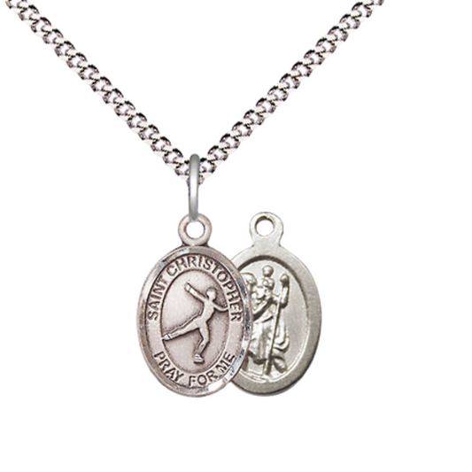 Small Sized Women's .925 Sterling Silver Saint St. Christopher Figure Skating Medal Pendant on 18 Inch Rhodium Plated Lite Curb Brass Chain w/ Lobster Claw Clasp, Catholic Religious Necklace- Made in USA- Velvet Gift Box
