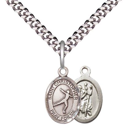 Small Sized Men's Pewter Saint St. Christopher Figure Skating Medal Pendant on 24 Inch Endless Rhodium Plated Heavy Curb Brass Chain, Catholic Religious Necklace - Made in USA- Deluxe Velvet Gift Box
