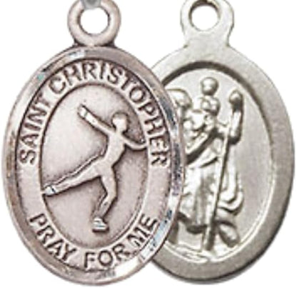 Small Sized Men's Pewter Saint St. Christopher Figure Skating Medal Pendant on 24 Inch Endless Rhodium Plated Heavy Curb Brass Chain, Catholic Religious Necklace - Made in USA- Deluxe Velvet Gift Box