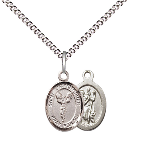Small Sized Women's Pewter Saint Christopher Cheerleading Medal Pendant on 18 Inch Rhodium Plated Lite Curb Brass Chain with Lobster Claw Clasp, Catholic Religious Necklace - Made in USA- Velvet Gift Box