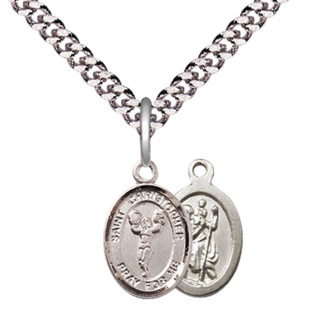 Small Sized Men's Pewter Saint St. Christopher Cheerleading Medal Pendant on 24 Inch Endless Rhodium Plated Heavy Curb Brass Chain, Catholic Religious Necklace - Made in USA- Deluxe Velvet Gift Box