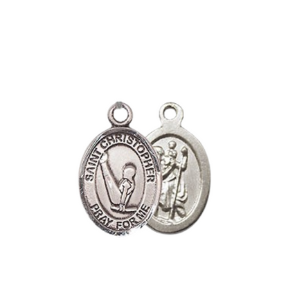 Small Sized Women's Pewter Saint Christopher Gymnastics Medal Pendant on 18 Inch Rhodium Plated Lite Curb Brass Chain with Lobster Claw Clasp, Catholic Religious Necklace - Made in USA- Velvet Gift Box