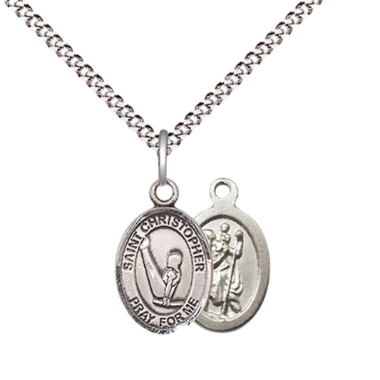Small Sized Women's Pewter Saint Christopher Gymnastics Medal Pendant on 18 Inch Rhodium Plated Lite Curb Brass Chain with Lobster Claw Clasp, Catholic Religious Necklace - Made in USA- Velvet Gift Box