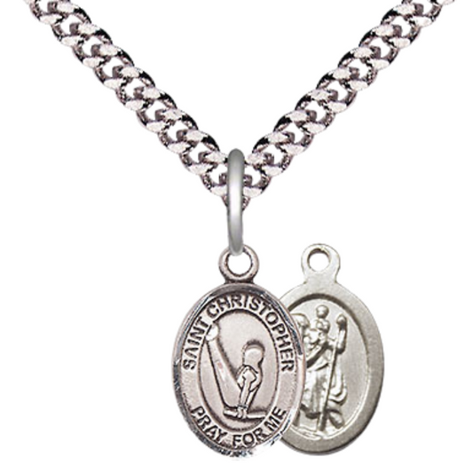 Small Sized Men's Pewter Saint St. Christopher Gymnastics Medal Pendant on 24 Inch Endless Rhodium Plated Heavy Curb Brass Chain, Catholic Religious Necklace - Made in USA- Deluxe Velvet Gift Box