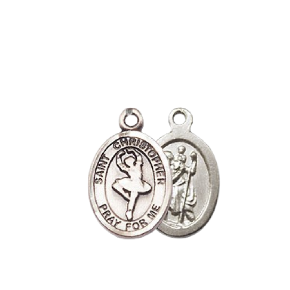 Small Sized Women's Pewter Saint St. Christopher Dance Medal Pendant on 18 Inch Rhodium Plated Lite Curb Brass Chain with Lobster Claw Clasp, Catholic Religious Necklace - Made in USA- Velvet Gift Box