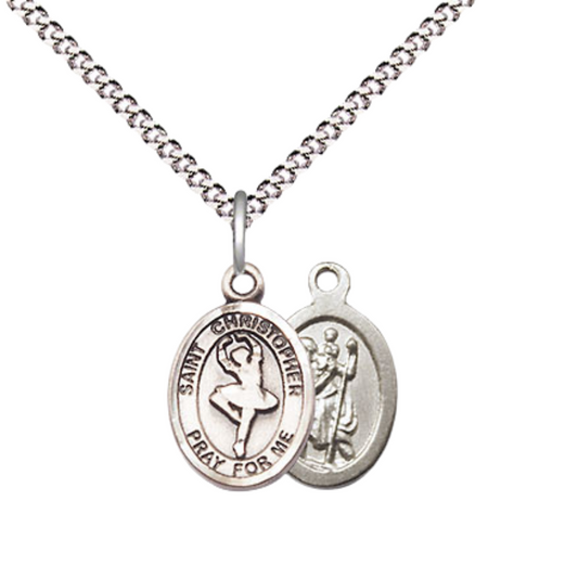Small Sized Women's Pewter Saint St. Christopher Dance Medal Pendant on 18 Inch Rhodium Plated Lite Curb Brass Chain with Lobster Claw Clasp, Catholic Religious Necklace - Made in USA- Velvet Gift Box