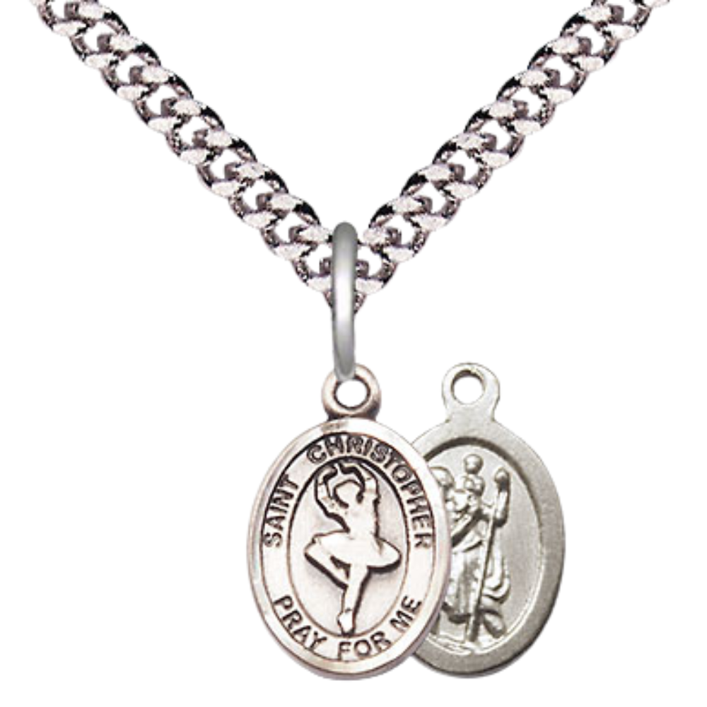 Small Sized Men's Pewter Saint St. Christopher Dance Medal Pendant on 24 Inch Endless Rhodium Plated Heavy Curb Brass Chain, Catholic Religious Necklace - Made in USA- Deluxe Velvet Gift Box