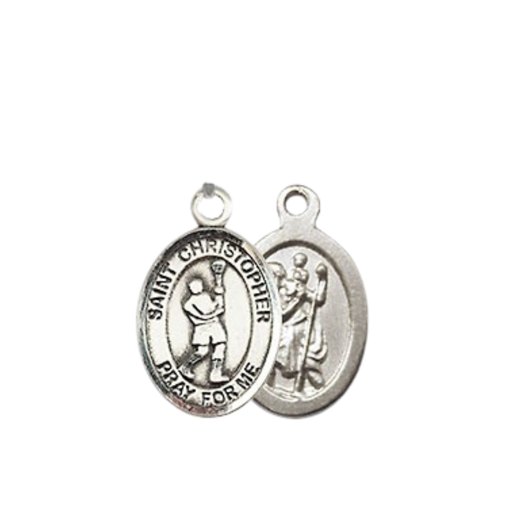 Small Sized Women's Pewter Saint St. Christopher Lacrosse Medal Pendant on 18 Inch Rhodium Plated Lite Curb Brass Chain with Lobster Claw Clasp, Catholic Religious Necklace - Made in USA- Velvet Gift Box