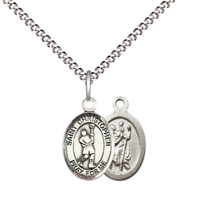 Small Sized Women's Pewter Saint St. Christopher Lacrosse Medal Pendant on 18 Inch Rhodium Plated Lite Curb Brass Chain with Lobster Claw Clasp, Catholic Religious Necklace - Made in USA- Velvet Gift Box