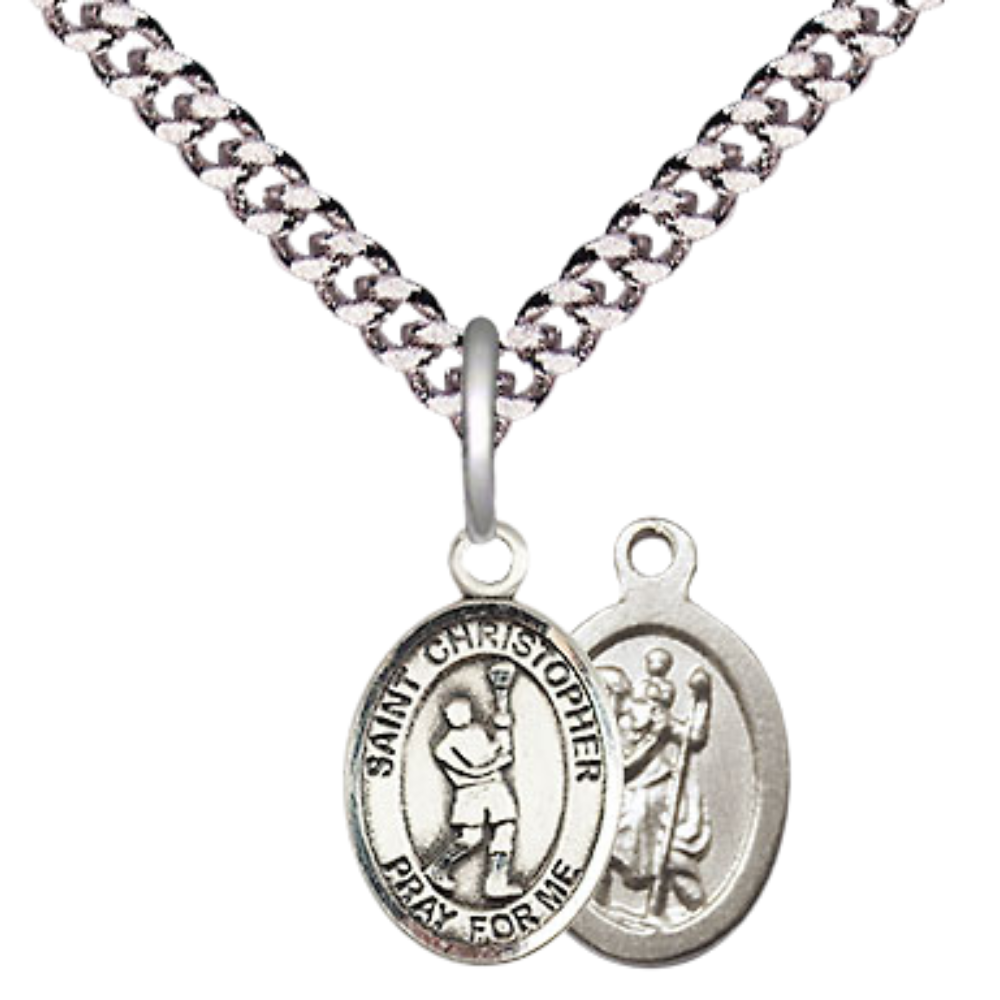Small Sized Men's .925 Sterling Silver Saint St. Christopher Lacrosse Medal Pendant on 24 Inch Endless Rhodium Plated Heavy Curb Brass Chain, Catholic Religious Necklace - Made in USA- Deluxe Velvet Gift Box