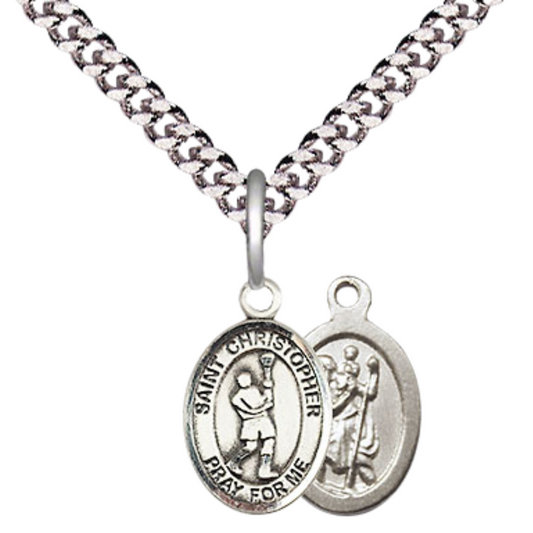 Small Sized Men's Pewter Saint St. Christopher Lacrosse Medal Pendant on 24 Inch Endless Rhodium Plated Heavy Curb Brass Chain, Catholic Religious Necklace - Made in USA- Deluxe Velvet Gift Box