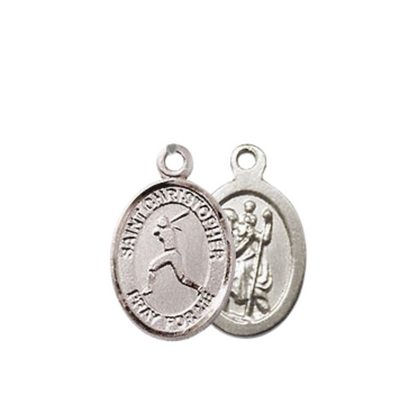 Small Sized Women's Pewter Saint St. Christopher Softball Medal Pendant on 18 Inch Rhodium Plated Lite Curb Brass Chain with Lobster Claw Clasp, Catholic Religious Necklace - Made in USA- Velvet Gift Box