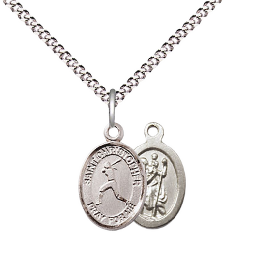 Small Sized Women's Pewter Saint St. Christopher Softball Medal Pendant on 18 Inch Rhodium Plated Lite Curb Brass Chain with Lobster Claw Clasp, Catholic Religious Necklace - Made in USA- Velvet Gift Box