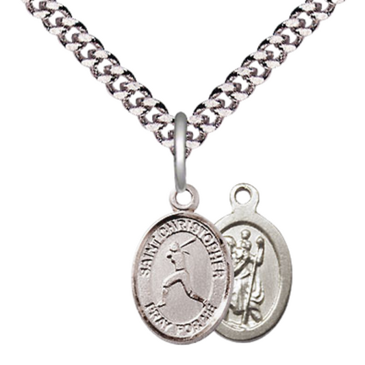 Small Sized Men's Pewter Saint St. Christopher Softball Medal Pendant on 24 Inch Endless Rhodium Plated Heavy Curb Brass Chain, Catholic Religious Necklace - Made in USA- Deluxe Velvet Gift Box